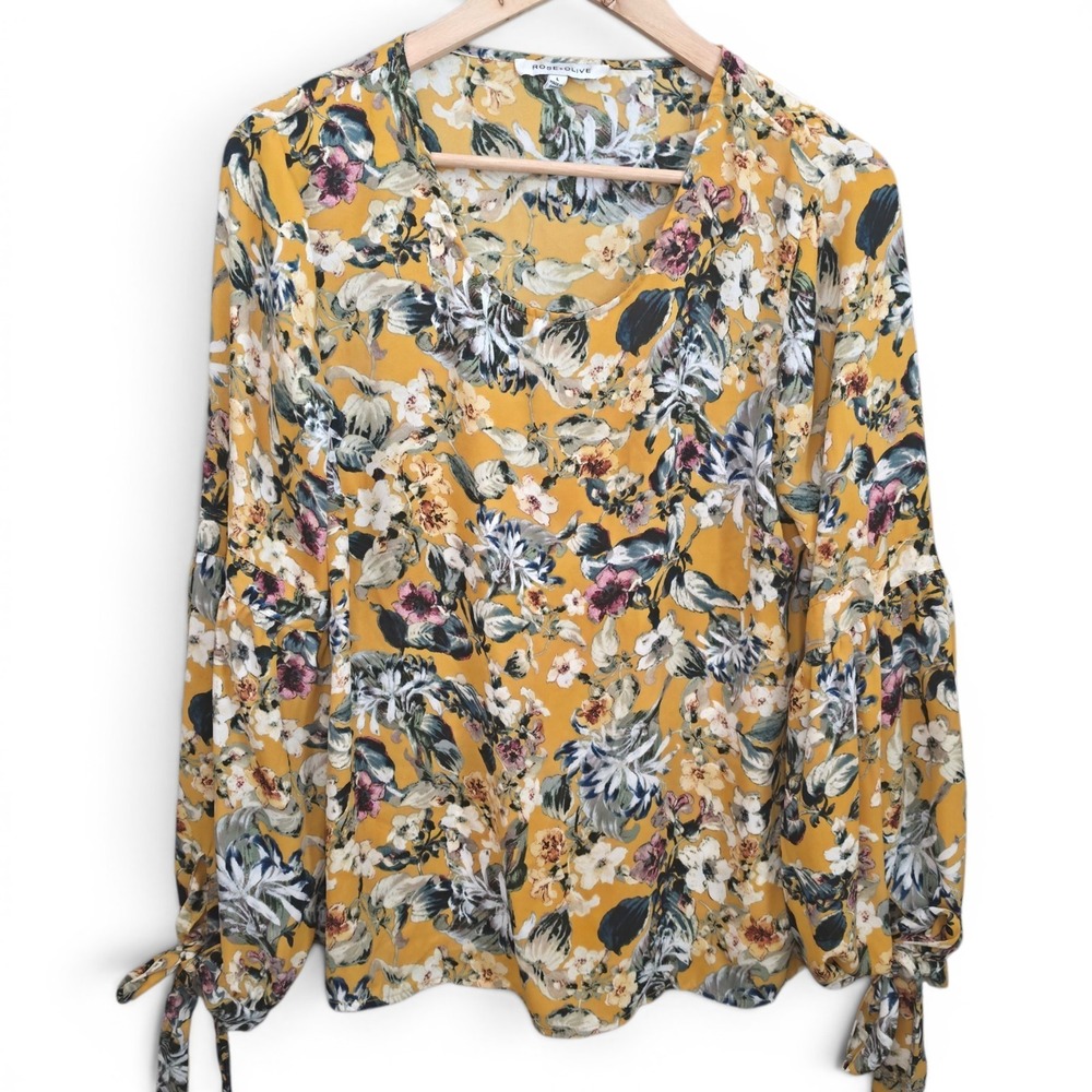 Rose & Olive Top Womens Large Yellow Floral Print Scoop Neck Blouse Semi Sheer